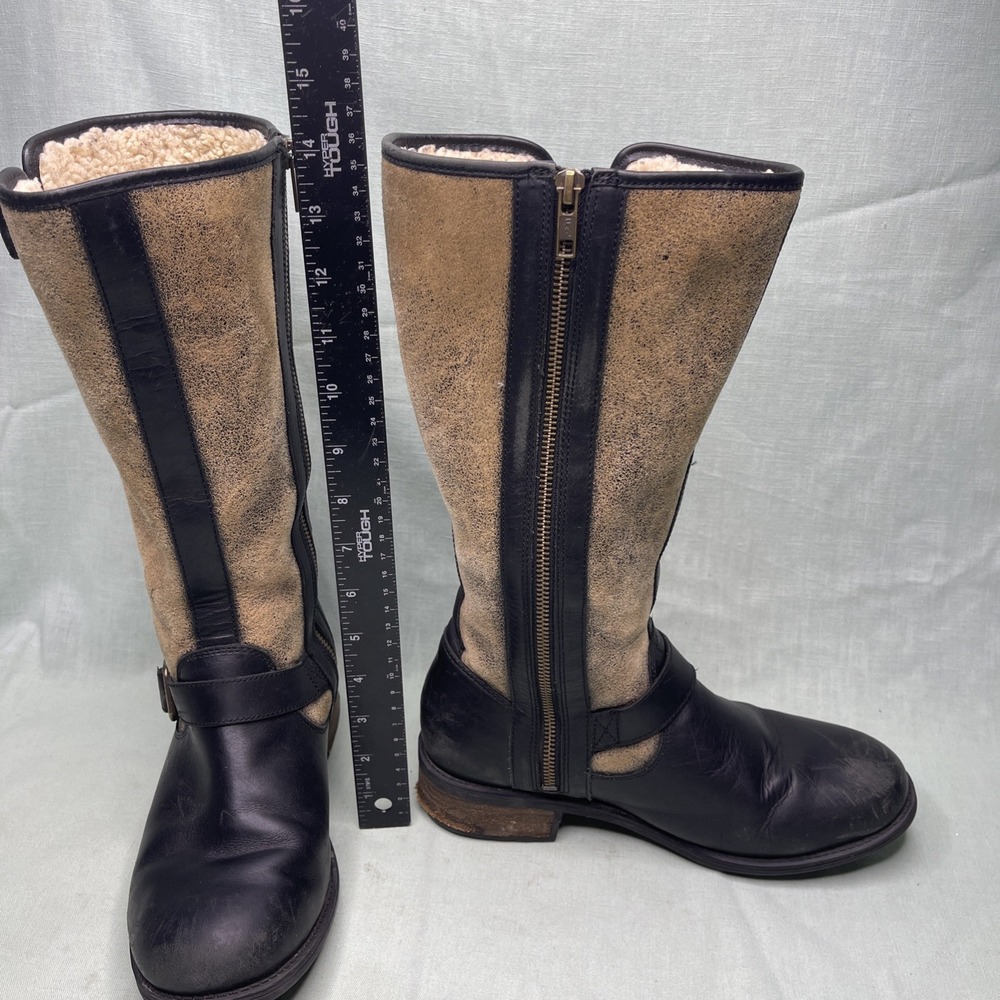 UGG Australia Chancery Moto Boots Womens 9 Black Leather Shearling Lined Tall